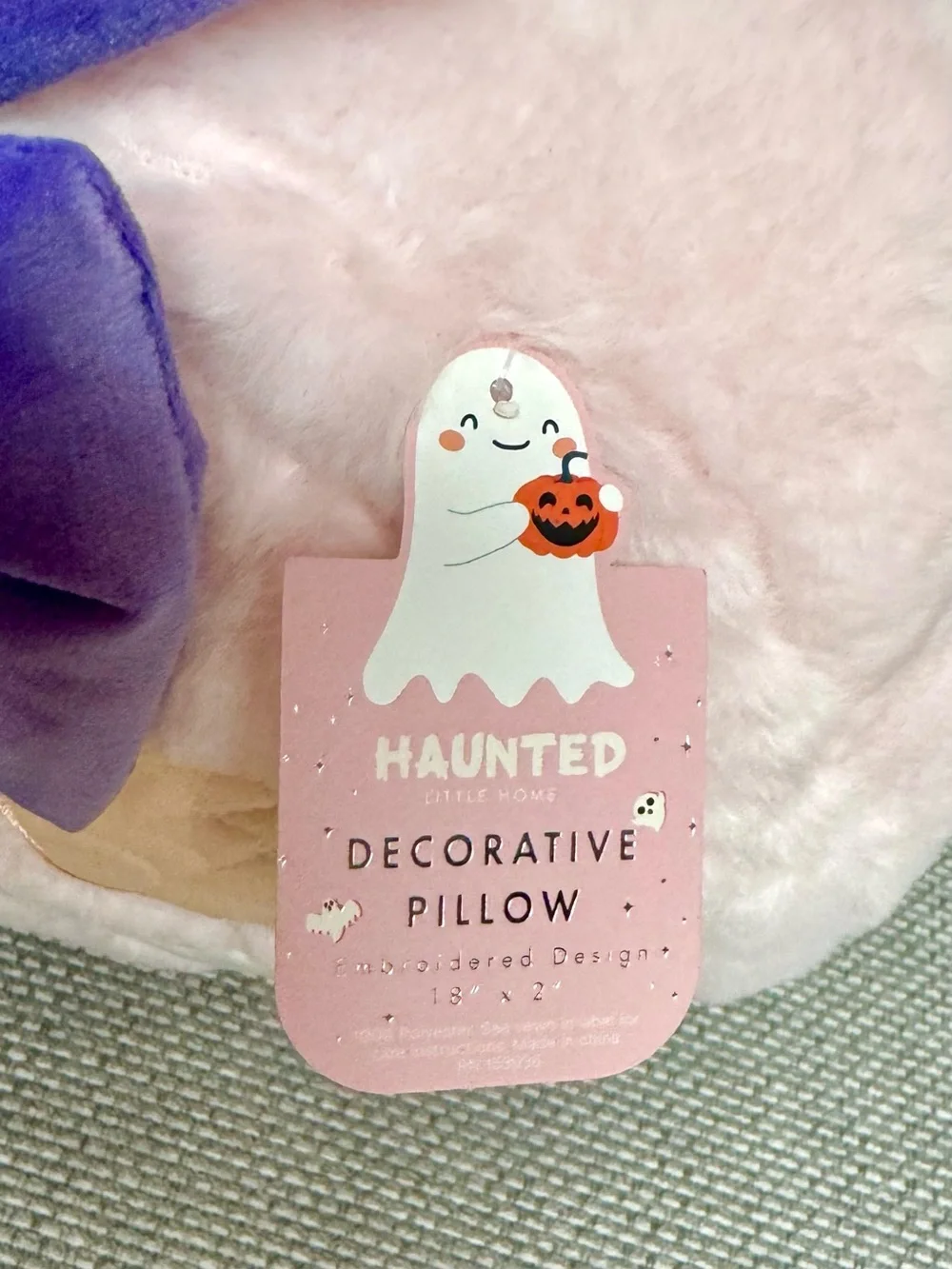 Halloween 🎃 🦇 👻 Pink Plush Pumpkin Pillow Embroidered w/ Ghosts, Bats, Black Cat